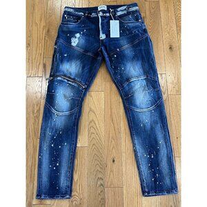Mac Keen Market Distressed Mens Jeans 34/31 Blue Zippers Spots NEW WITH TAGS